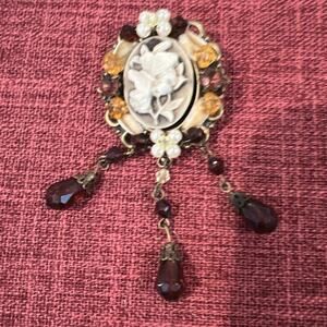 Vintage Victorian Brown Cream Floral Butterfly Faux Pearls‎ Beads Pin Brooch